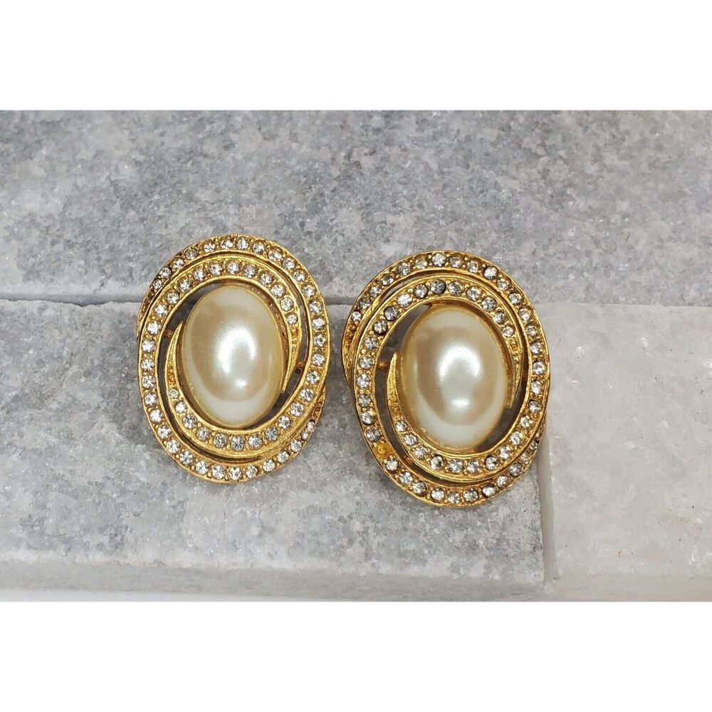 Vintage Piscitelli Faux Pearl & Rhinestone Gold Tone Earrings Missing 1 Stone